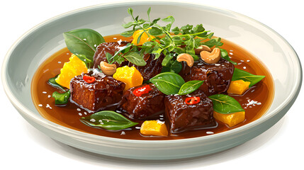 Food Illustration of Marmalade-Braised Beef Bowl with Cashews – Traditional Chinese Dish on White Background
