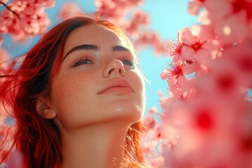 Commercial marketing creative. Pretty caucasian young woman surrounded by cherry blossoms. Spring mood, soft daylight and fog. Vibrant woman posing in spring blossoms.