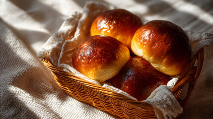 Basket of Hot Freshly Baked Soft Sweet Buns on White Table – Top View, Cinematic High-Resolution Photo
