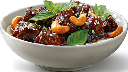 Realistic Digital Illustration of Thai Beef Bowl with Cashew Nuts and Basil – Isolated on White
