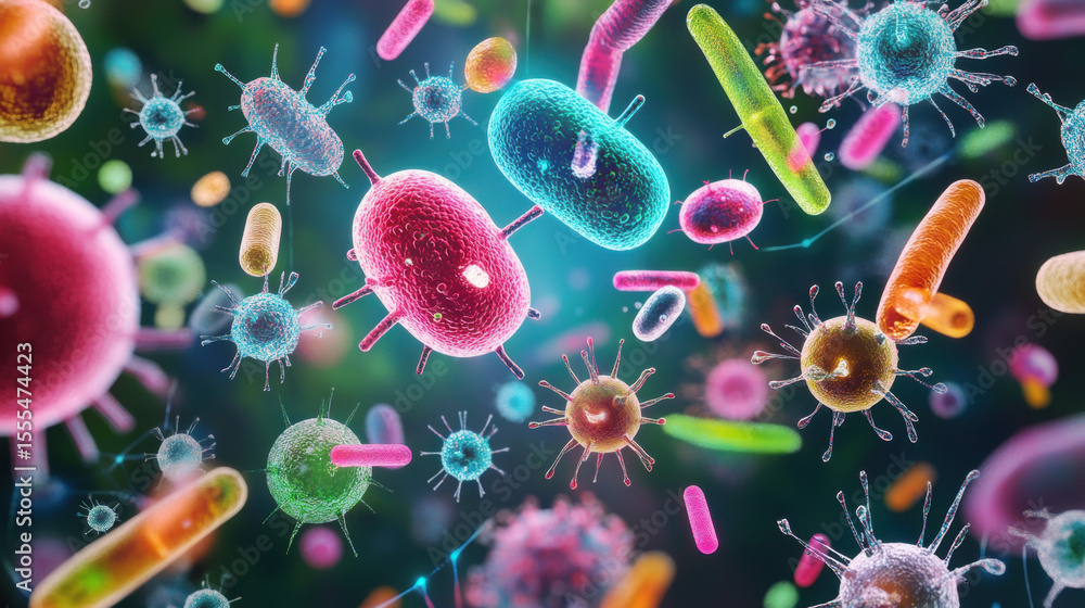 Poster bacteria, abstract image of floating bacteria particles in a sterile environment.