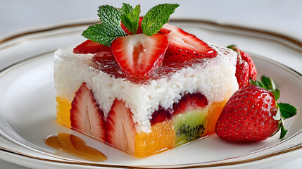 Elegant Japanese-Style Fruit Jelly Dessert on White Plate – Studio Food Photography
