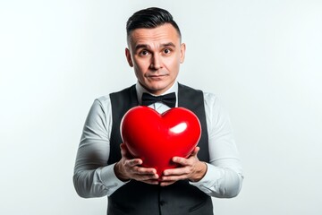 Isolated white midlife man on pure white background with lollipop heart in hands.  Professional studio image, copy space.  Cute Valentine's Day greeting.