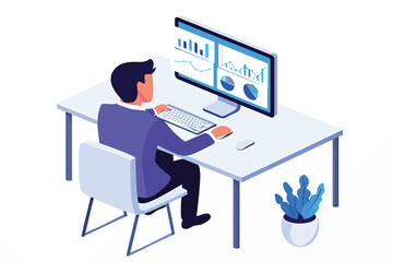 Data Analyst Working at Computer with Charts and Graphs