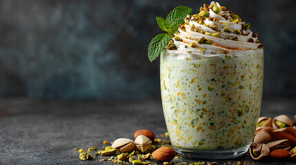 Creamy Pistachio Milkshake with Mint and Nuts – High-Resolution Food Photography with Text Space
