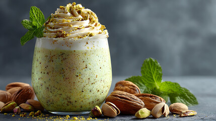 Creamy Pistachio Milkshake with Mint and Nuts – High-Resolution Food Photography with Text Space
