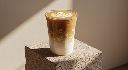 A latte art coffee drink in a clear cup, displayed on a light beige cube.