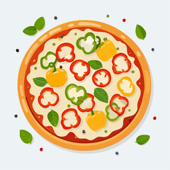 Colorful Pepper Pizza with Basil Leaves, a Delicious and Vibrant Culinary Creation