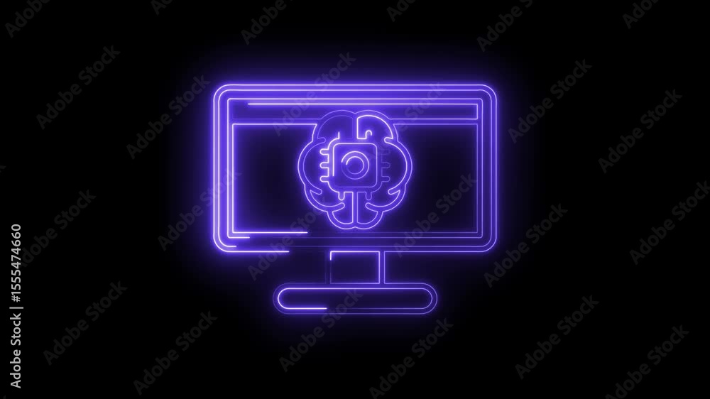 Poster neon style artificial intelligence on computer monitor brain with chip technology video