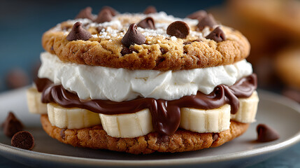 Banana Chocolate Chip and Cream Cheese Cookie Sandwich – Studio Food Photography on Plate

