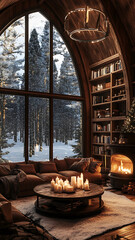 Cozy cabin interior with large windows, arched roof, and a fireplace in the corner of the room. A sofa is surrounded by bookshelves, and a large, round coffee table with candles sits in the center.