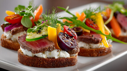 Beef and Cream Cheese on Crispbread with Fresh Vegetables – High-Resolution Food Styling
