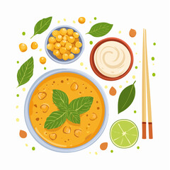 Vibrant Curry Bowl with Basil, Corn, Cream, Lime, and Chopsticks Arrangement