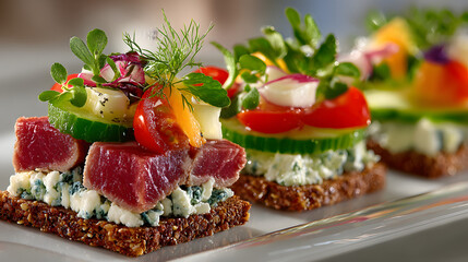 Beef and Cream Cheese on Crispbread with Fresh Vegetables – High-Resolution Food Styling
