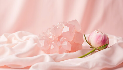 Fototapeta premium Pink quartz crystal and rose flower on soft fabric background 