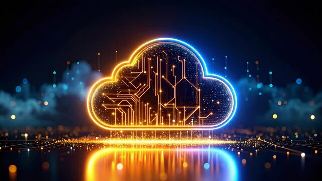 A futuristic cloud computing concept is glowing with network data. The image is glowing with advanced technology.