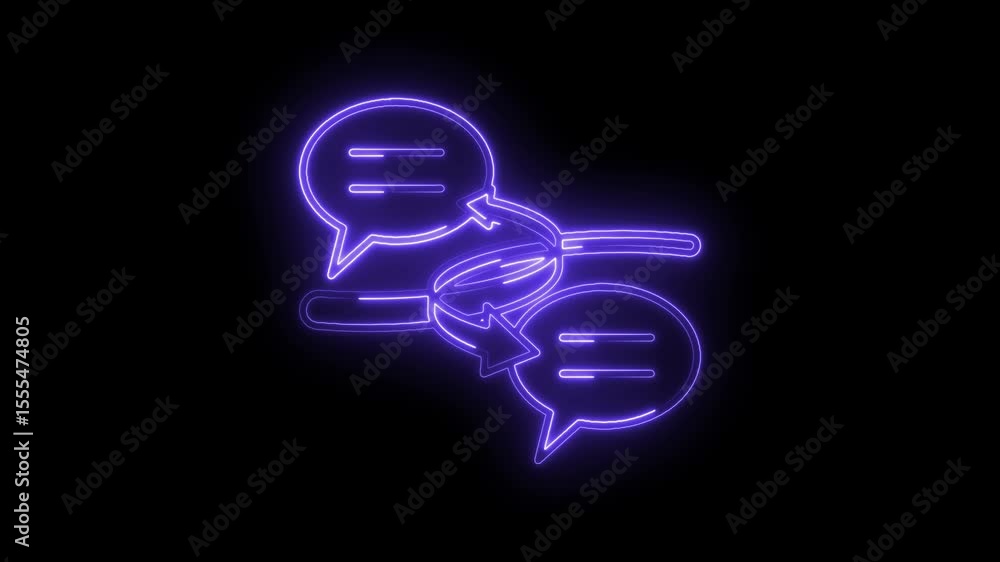 Poster neon speech bubbles with arrow indicating conversation or feedback loop on black background