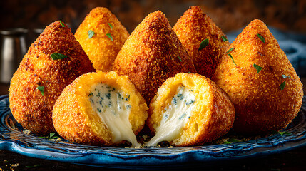 Golden Cone-Shaped Brazilian Arancini with Mozzarella or Chicken Filling – Food Photography
