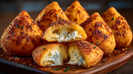 Golden Cone-Shaped Brazilian Arancini with Mozzarella or Chicken Filling – Food Photography
