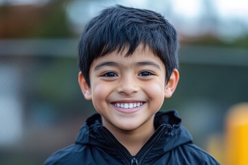 A joyful young boy smiles warmly.