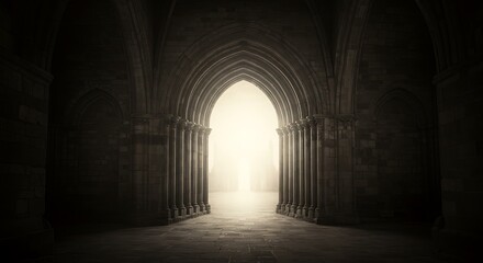 Fototapeta premium Gothic Archway with Bright Light at the End of a Dark Stone Hallway