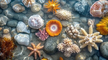 Ocean tide pools macro with colorful marine life water clarity and coastal tones ideal for science or beach content