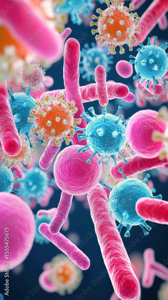 Poster bacteria, bacterial colony time-lapse style visualized as a still image, showcasing microbial growth