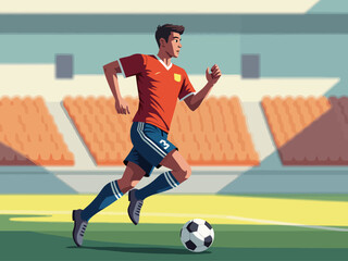 Obraz premium A soccer player jogging with a ball on the field in a stadium