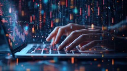 Hands typing on laptop with data overlay