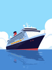 cruise ship on calm water, with a clear sky and clouds in the background