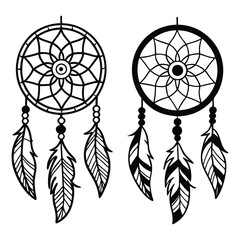 Fototapeta premium Beautiful minimalist illustrations of dreamcatchers with feathers in contrasting black and white colors for bohemian design