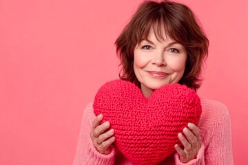 Isolated white old woman on pink background with knitted heart in hands.  Professional studio artwork, copy space.  Cute Valentine's Day greeting.
