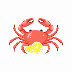 Cartoon Red Crab with Lemon Slices, Featuring Large Claws and Round Eyes