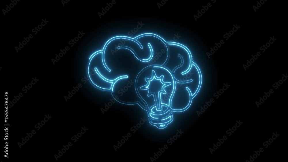 Poster glowing brain with light bulb symbolizing idea generation and creative thinking on black background