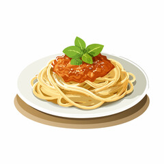 Spaghetti Bolognese with Fresh Basil Leaves on a White Plate Illustration