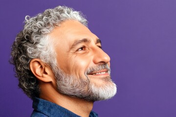 Creative of style for aging men. A radiant and poised man in a professional portrait. Purple solid background. Modish men's disconnected undercut haircut - midlife arabian man with curly hair.
