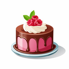 Stylized Raspberry Cake with Chocolate Drizzle and Creamy Topping Illustration