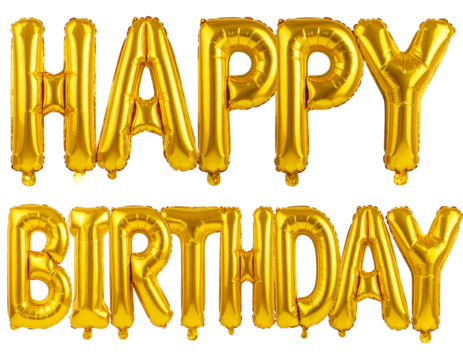Straight Row of Golden ‘Happy Birthday’ Foil Balloon Letters, Transparent PNG - Powered by Adobe