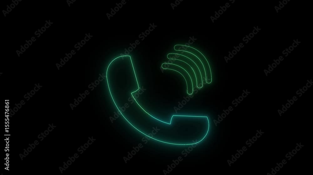 Poster glowing phone and signal animation on dark background. neon phone icon with animated communication w
