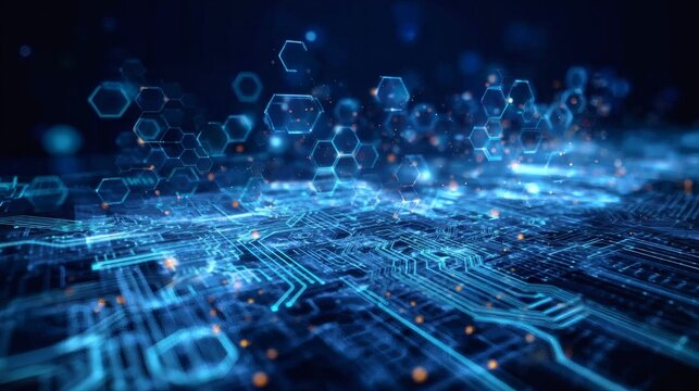 Modern tech backdrop with flowing luminous circuitry in blue shades and abstract hexagonal formations drifting above a dark field 