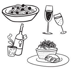 Hand drawn ink line food and wine or champagne drawings. 
Sketch style lunch or dinner Illustrations for wedding invitations, cafe or restaurant menus and parties.
