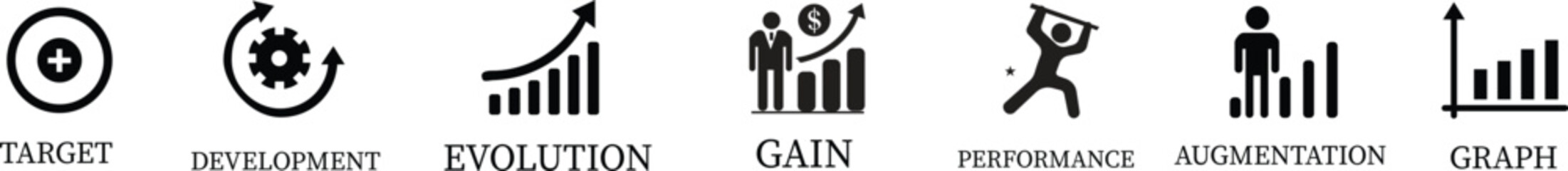 Growth icon set.Containing performance, gain, improvement, grow, chart, increase, evolution and development icon.Increase and Decrease Line Icon.Vector illustration.