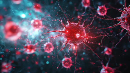 Bacteria, Dangerous bacteria glowing red in a darkened lab setting.