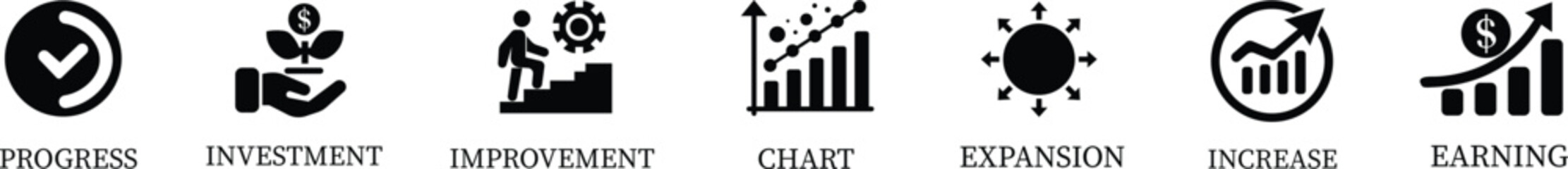 Growth icon set.Containing performance, gain, improvement, grow, chart, increase, evolution and development icon.Increase and Decrease Line Icon.Vector illustration.