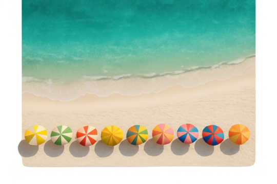 Aerial view of vibrant parasols casting shadows on a pristine beach, beside a tranquil turquoise ocean, with transparent background enhancing versatility