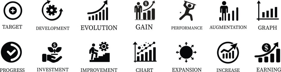 Growth icon set.Containing performance, gain, improvement, grow, chart, increase, evolution and development icon.Increase and Decrease Line Icon.Vector illustration.