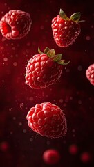 Raspberries in motion against a dark background.  Possible use food photography