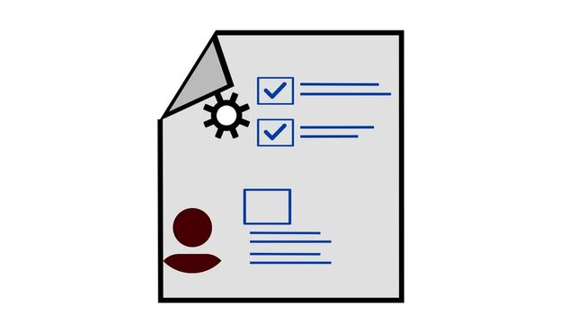 Document icon with check mark and profile symbol suggesting approval process. Profile verification animation with check and document. Approval process animation with document and user icon.