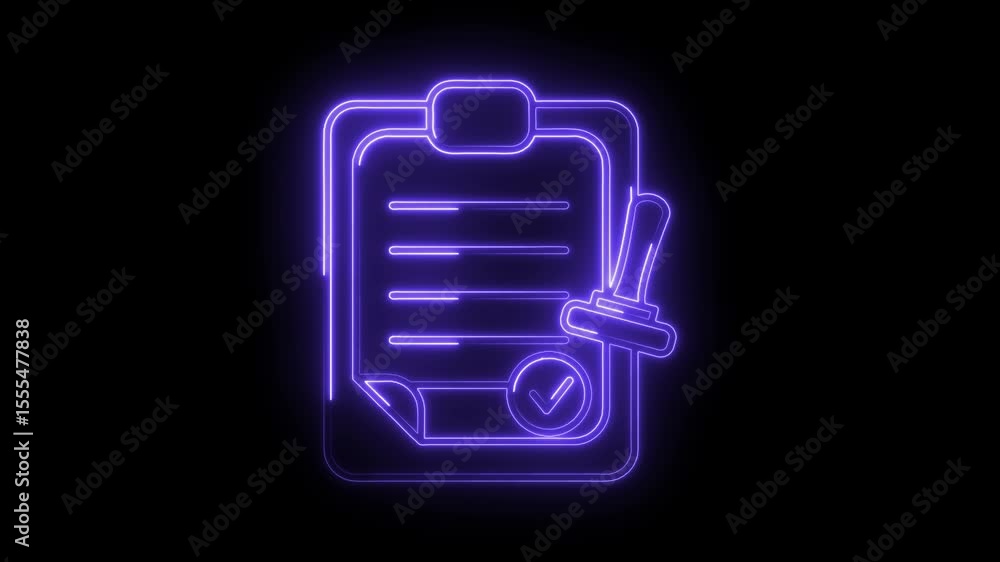 Poster neon approved document animation with stamp and check mark on a black background