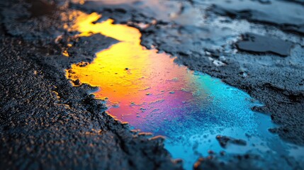 Oil slick on pavement with rainbow shimmer wet surface and gritty texture perfect for pollution beauty or abstract content